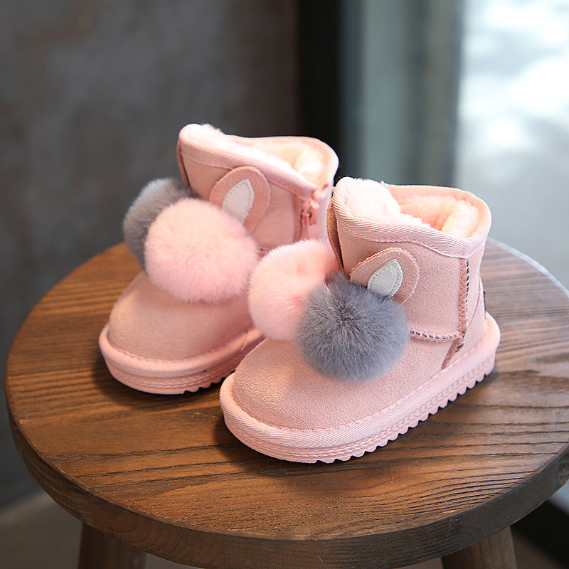 Rabbit fur ball girls and children snow boots