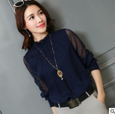 Chiffon shirt small stand collar sexy large size wild fashion mesh ruffled bottom shirt shirt