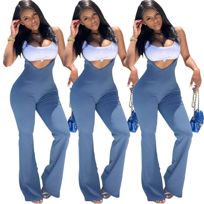 Pure color suspender zipper jumpsuit