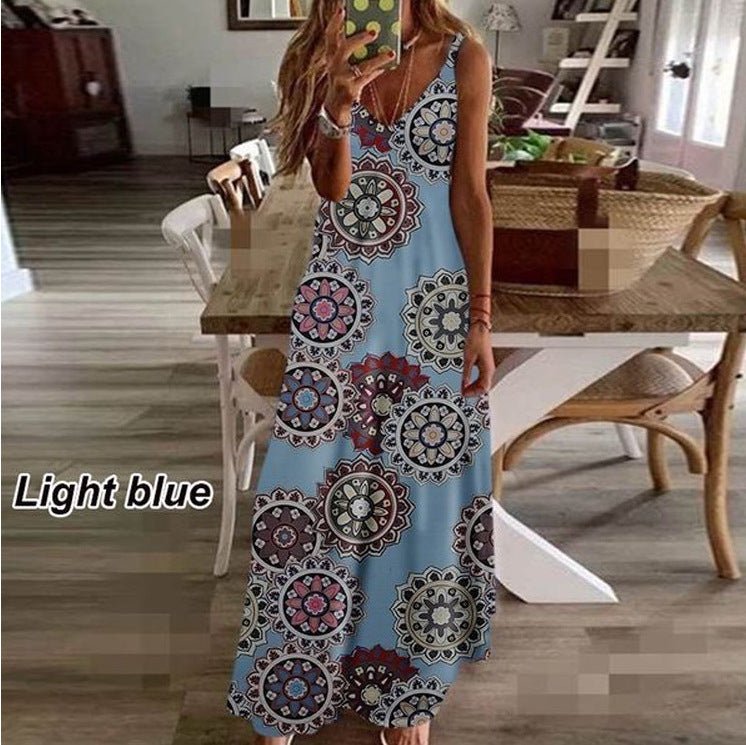 Sleeveless V-neck Printed Long Beach Dress