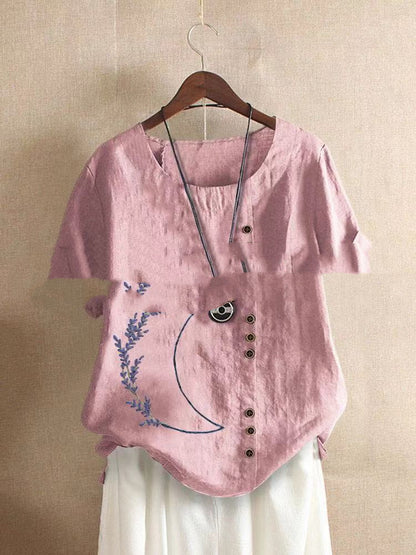 Retro Cotton And Linen Embroidered Button Shirt Women