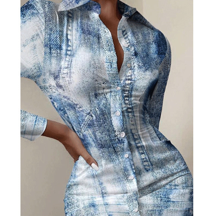 Fashion Printed Sexy Waist Slimming Shirt Dress