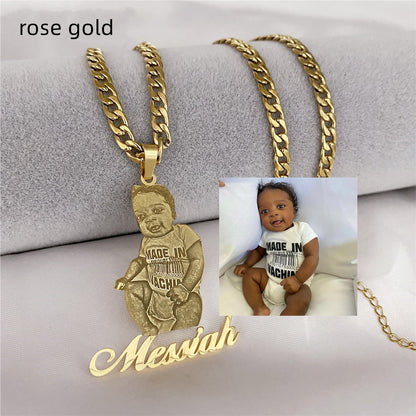 Frosted Portrait Photo Name Necklace Children