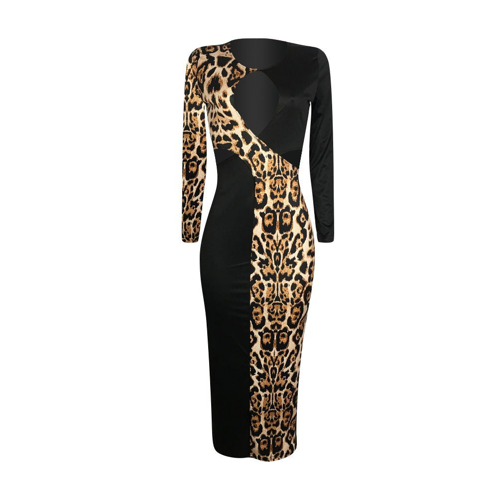 Leopard cutout color-block stitching dress