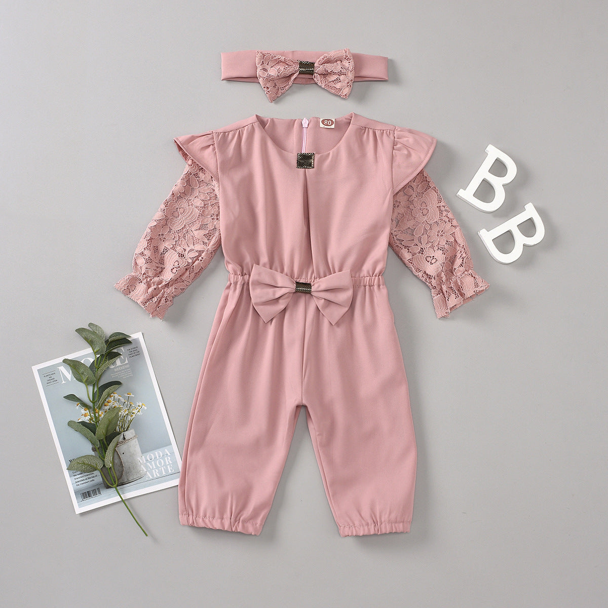 Round Neck Solid Color Zipper Girls Summer Long Sleeve Jumpsuit Headband Two Set