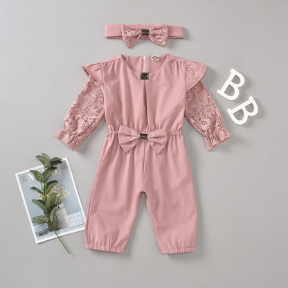 Round Neck Solid Color Zipper Girls Summer Long Sleeve Jumpsuit Headband Two Set