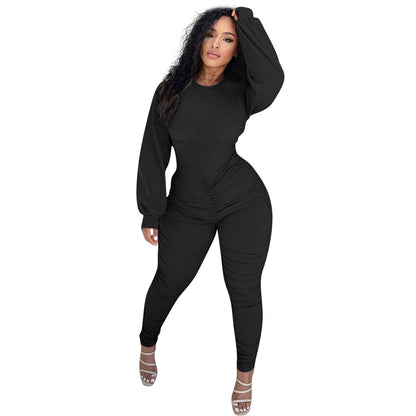 Explosive Casual Solid Color Pleated Zipper Long-sleeved Jumpsuit