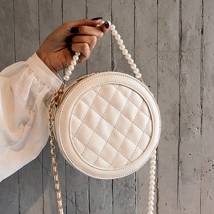 Foreign style Lingge pearl chain messenger small round bag