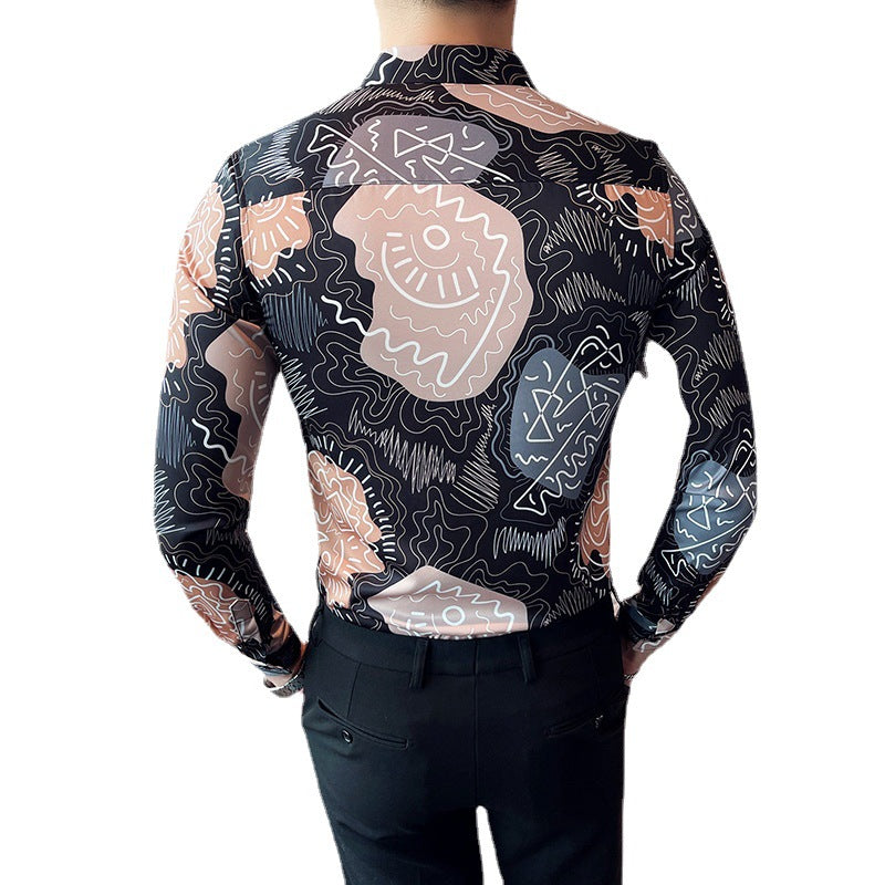 Men Casual Abstract Printed Long-Sleeved Lapel Black Shirt