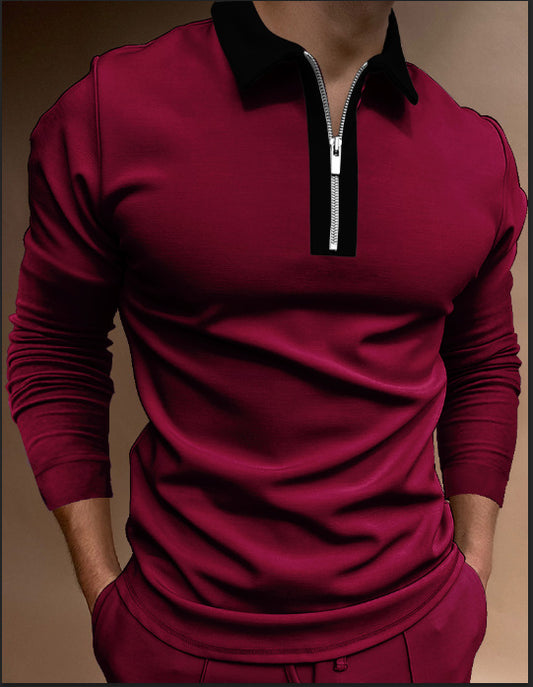 Men Zipper Stitching Lapel T Shirt Long Sleeves