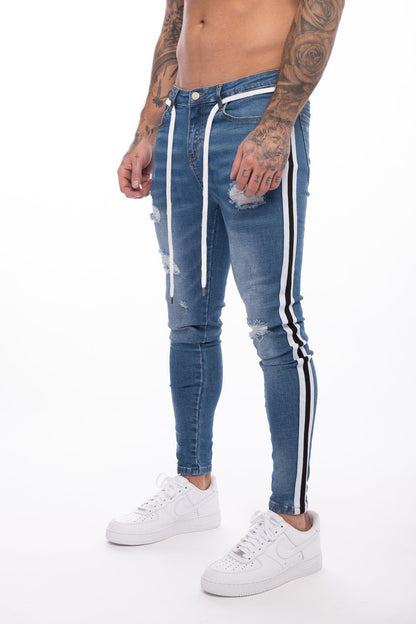 Jeans new hole slim-fit striped men's trousers