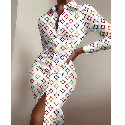 Fashion Printed Sexy Waist Slimming Shirt Dress