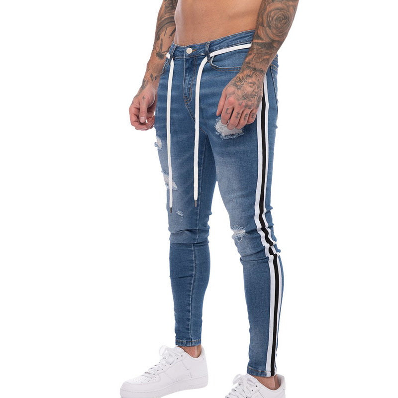 Jeans new hole slim-fit striped men's trousers