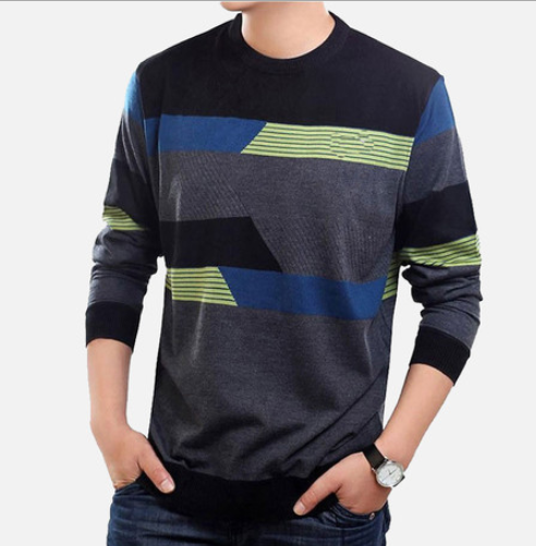 Thickened Warm Men's Long Sleeve T-shirt Stripe Knitted Round-collar Bottom Shirt