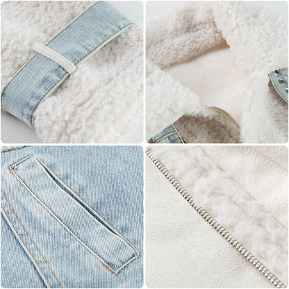 Denim Lapel Lamb Wool Splicing Coat For Women