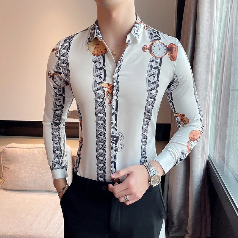 Men British Casual Printed Long Sleeve Lapel Top