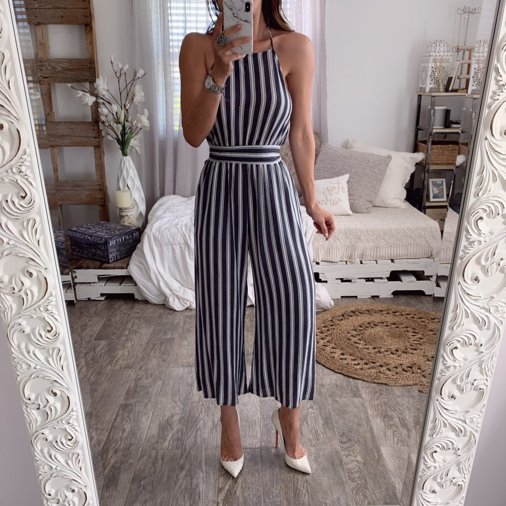 Halter halter sleeveless striped jumpsuit