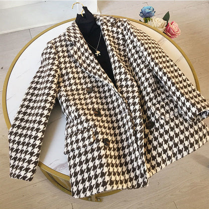 Fashion Small Suit with Waist Bag thousand bird plaid woolen coat thickened loose new autumn and winter coat