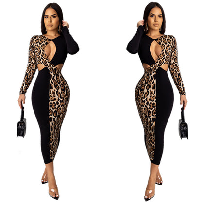 Leopard cutout color-block stitching dress