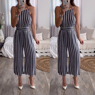 Halter halter sleeveless striped jumpsuit