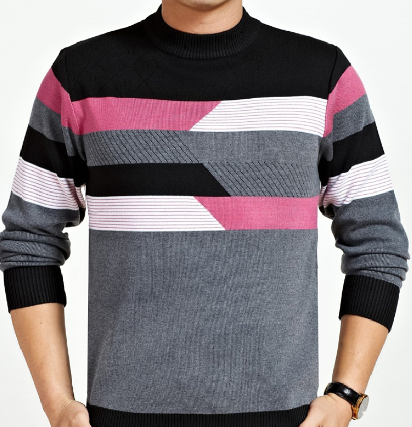 Thickened Warm Men's Long Sleeve T-shirt Stripe Knitted Round-collar Bottom Shirt