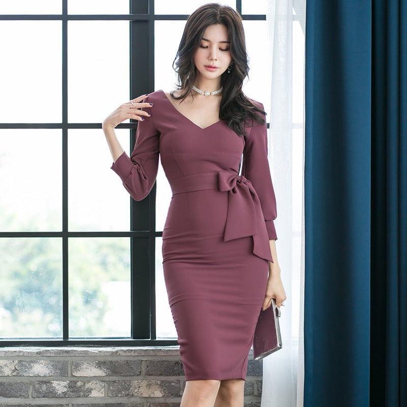 V-neck tie dress slim dress dress