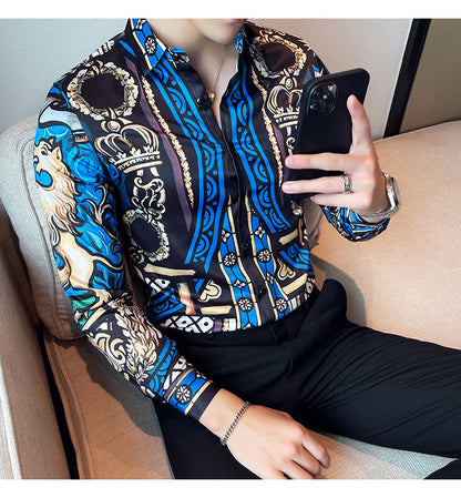 Men Digital Printed Blue Casual Long Sleeve Lapel Shirt