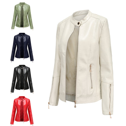 Women's Leather PU Short Coat Stand Collar Jacket