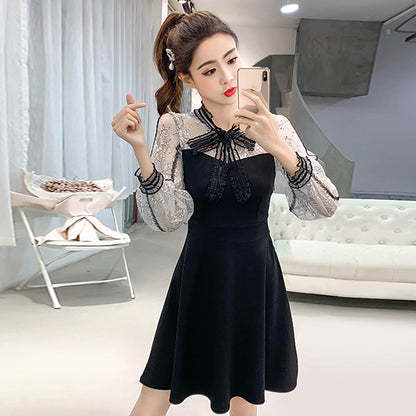 Women's Bow Lace Stitching Thin Waist A-line Skirt