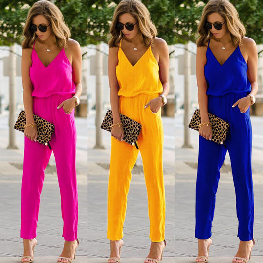 Summer New Sexy Ladies Solid Color Jumpsuit