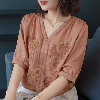 V-neck Five-point Sleeve Embroidered Cotton And Linen Shirt