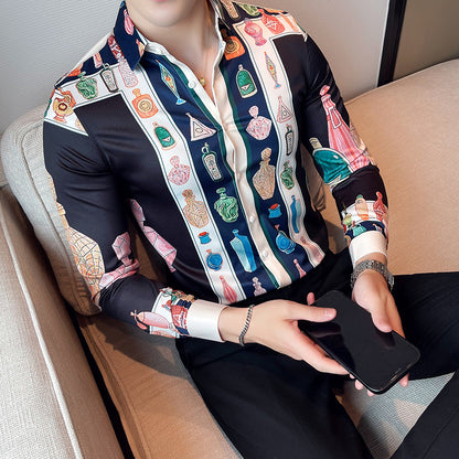 Men Digital Printed Blue Casual Long Sleeve Lapel Shirt