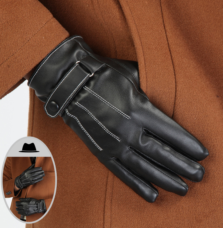 Winter plus velvet warm leather PU outdoor riding sports full touch screen three strips of leather gloves