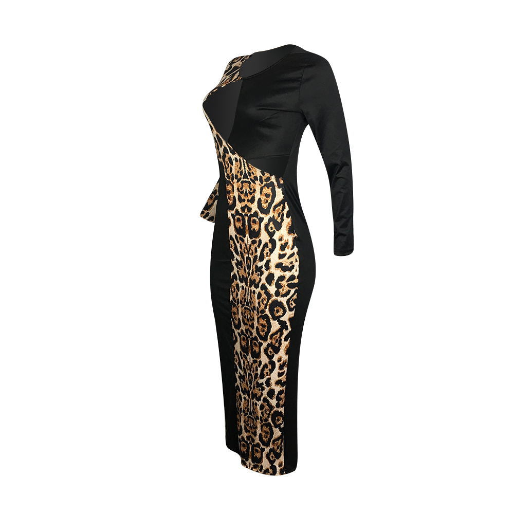 Leopard cutout color-block stitching dress