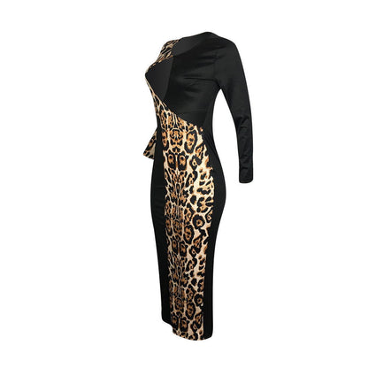 Leopard cutout color-block stitching dress