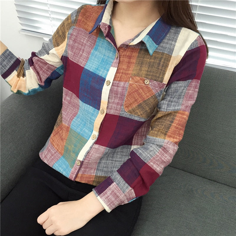 asual Plaid Women Blouses Kimono Vintage Linen Cotton Long Sleeve Blouse Female Shirts Tops