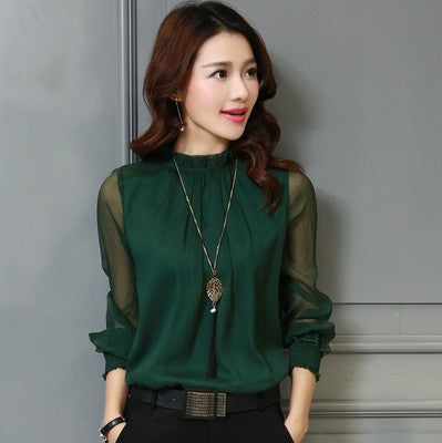 Chiffon shirt small stand collar sexy large size wild fashion mesh ruffled bottom shirt shirt