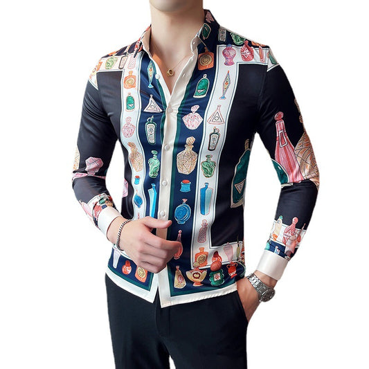 Men Digital Printed Blue Casual Long Sleeve Lapel Shirt