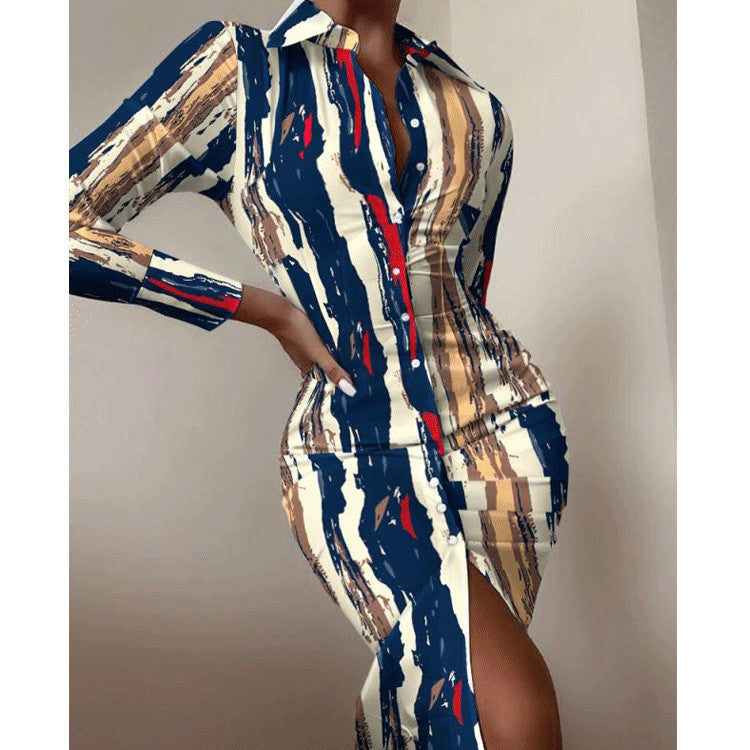 Fashion Printed Sexy Waist Slimming Shirt Dress