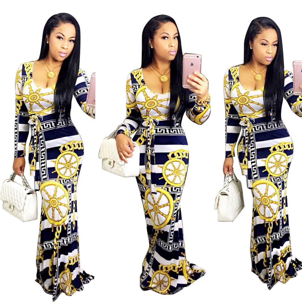 Digital Printed Round Neck Long Sleeve Dress