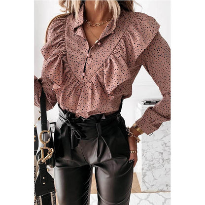 Polka Dot Print Long Sleeve V-Neck Blouse Blouse