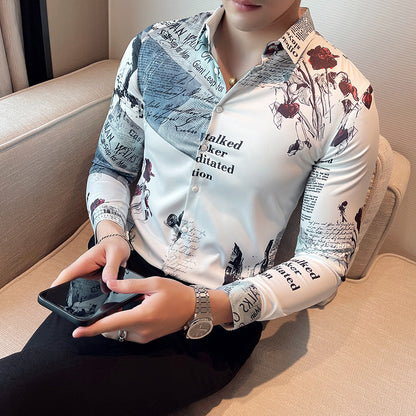 Men Floral Long Sleeve Lapel Collar Casual Printed Shirt