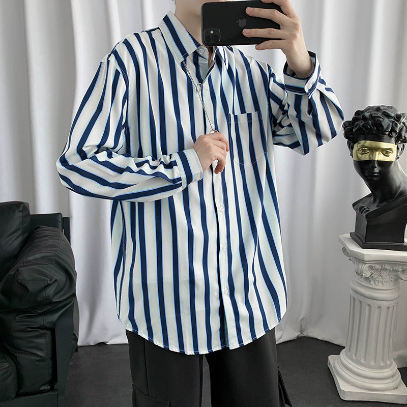 Hong Kong Style Color Block Striped Long-sleeved Shirt