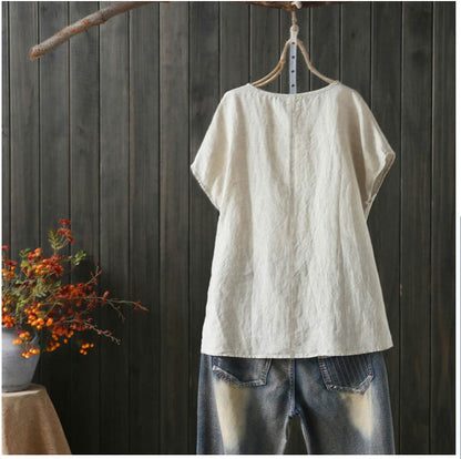 Cotton Linen Blouse Summer Short Sleeve Casual Shirt