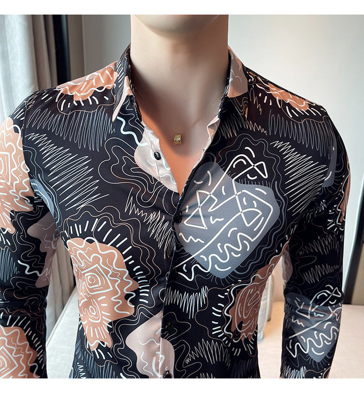 Men Casual Abstract Printed Long-Sleeved Lapel Black Shirt