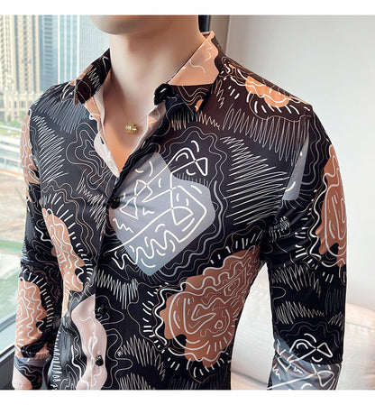 Men Casual Abstract Printed Long-Sleeved Lapel Black Shirt