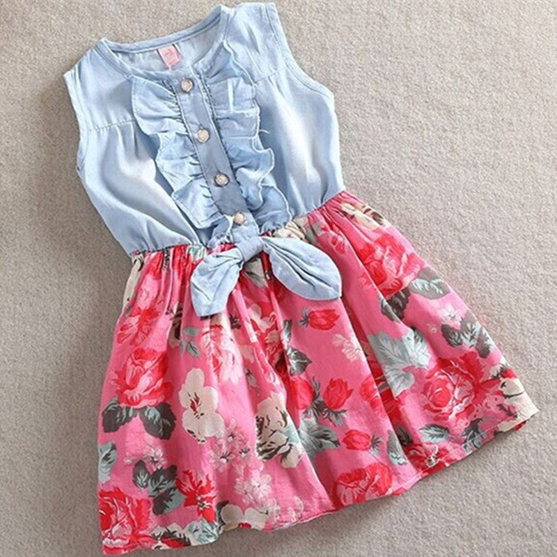 Summer Children Sleeveless Girl Denim Floral Dresses