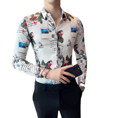 Men Digital Printed Blue Casual Long Sleeve Lapel Shirt