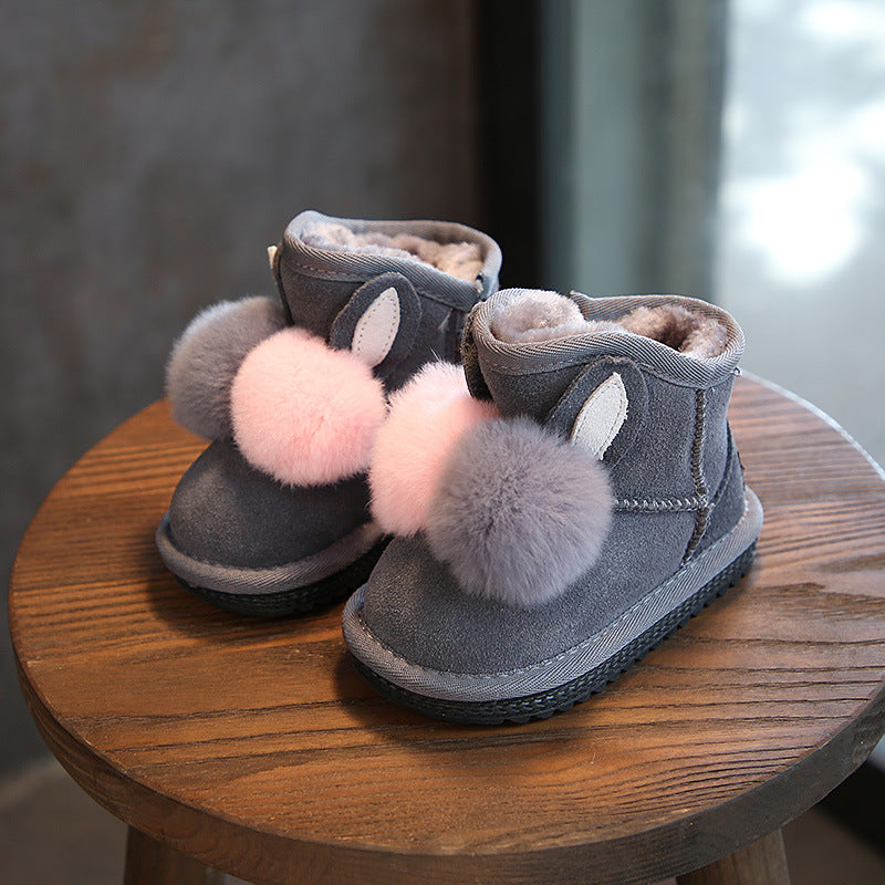 Rabbit fur ball girls and children snow boots