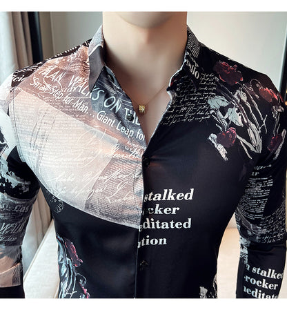 Men Floral Long Sleeve Lapel Collar Casual Printed Shirt